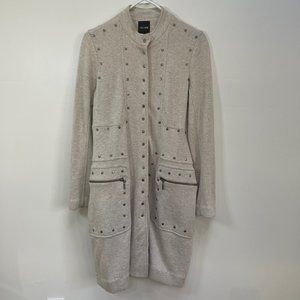 Metal Studded Cotton Coat, Knee Length. Cream/Heather Grey / Women's Medium